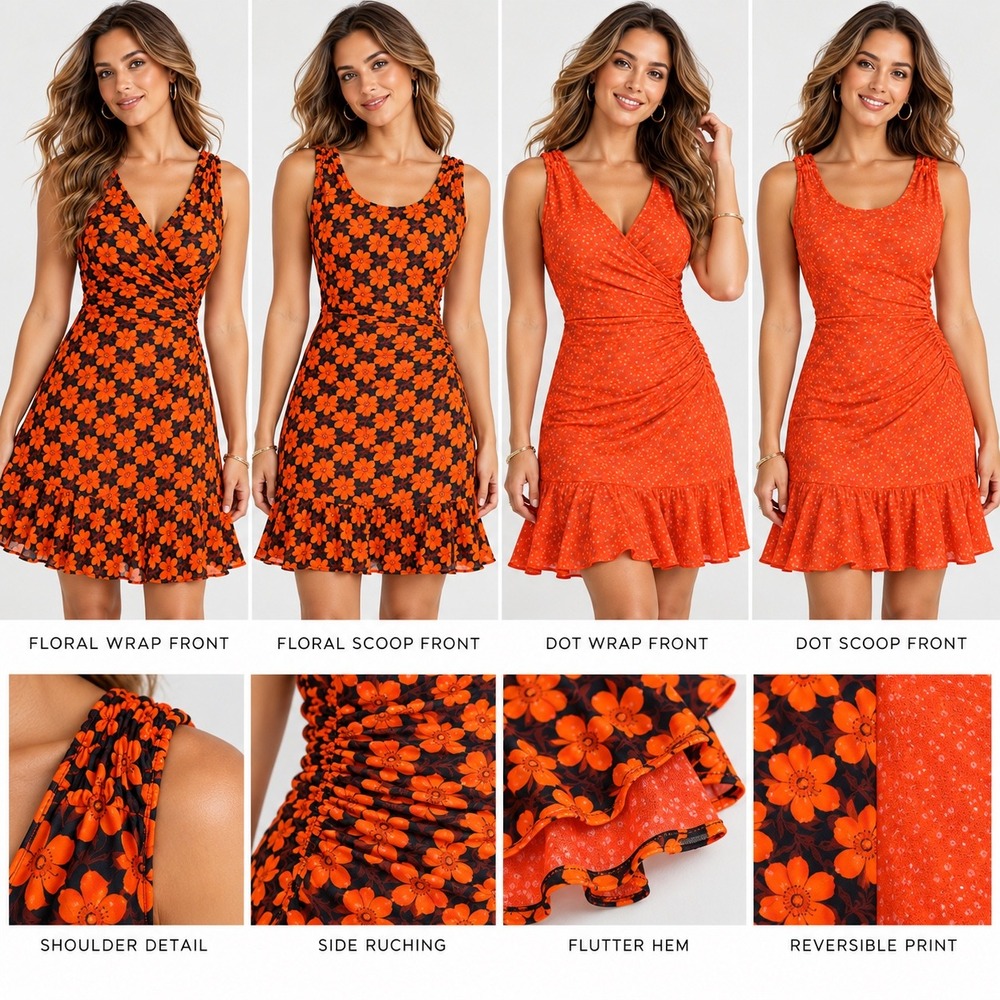 Cabi 6370 Reversible Mesh Floral Dress Orange Wrap Scoop Neck Flutter Hem M